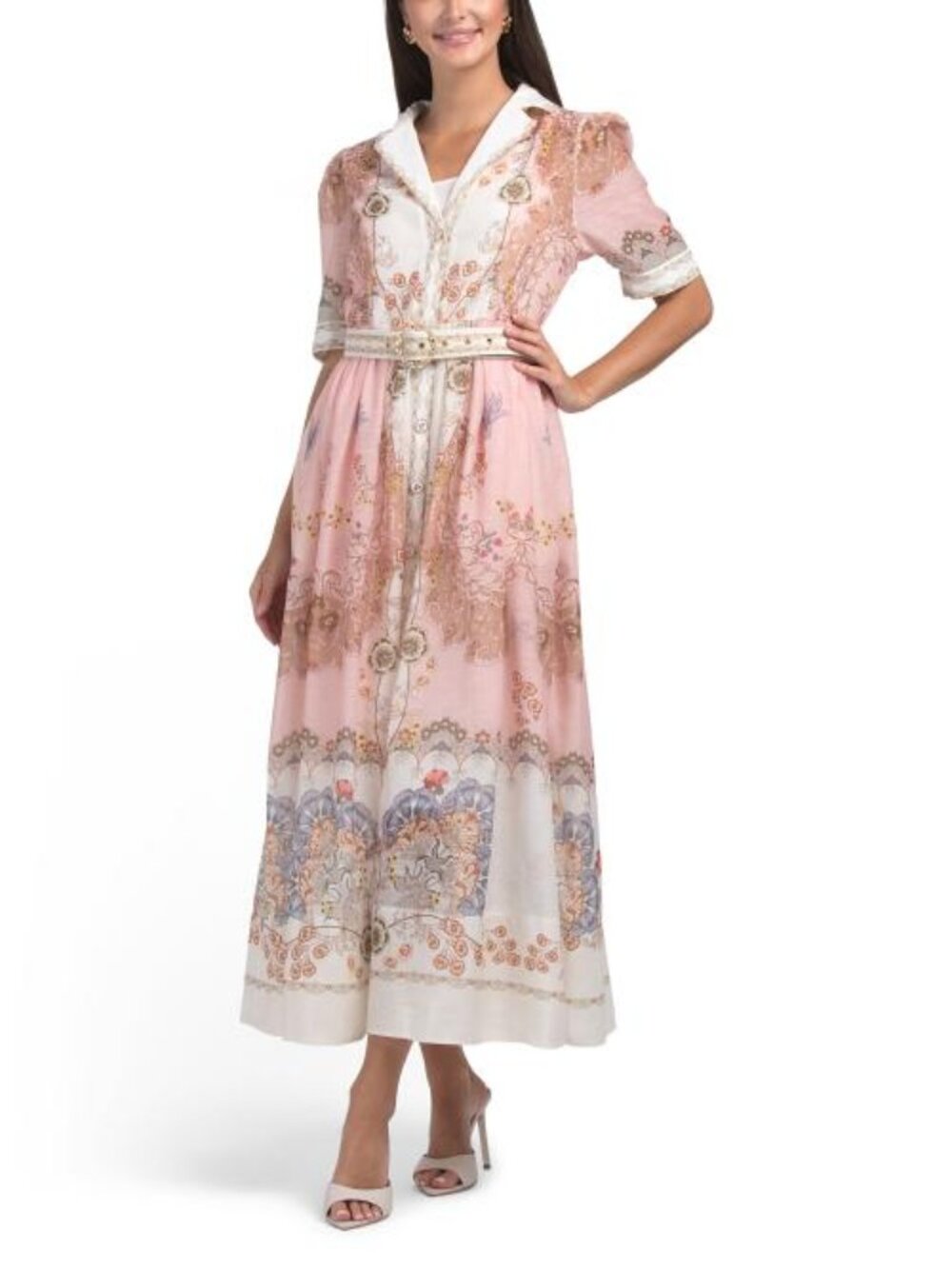 NANCY YANG Studded Lapel Belted Maxi Dress